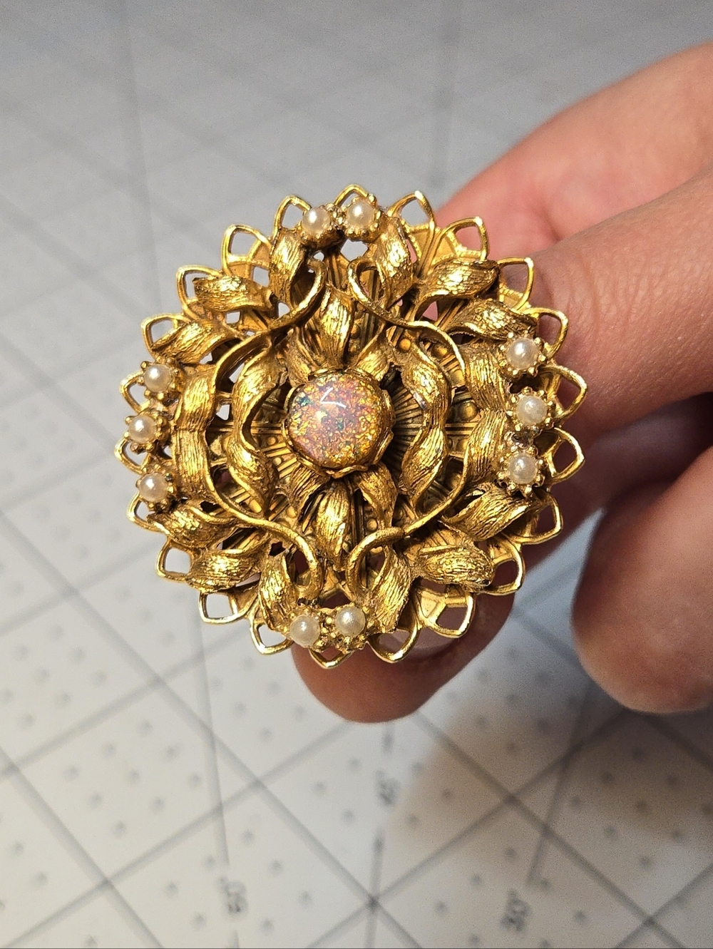 Vintage Floral Brooch Gold Tone Opal Cabochon Faux Pearl Statement Pin Round